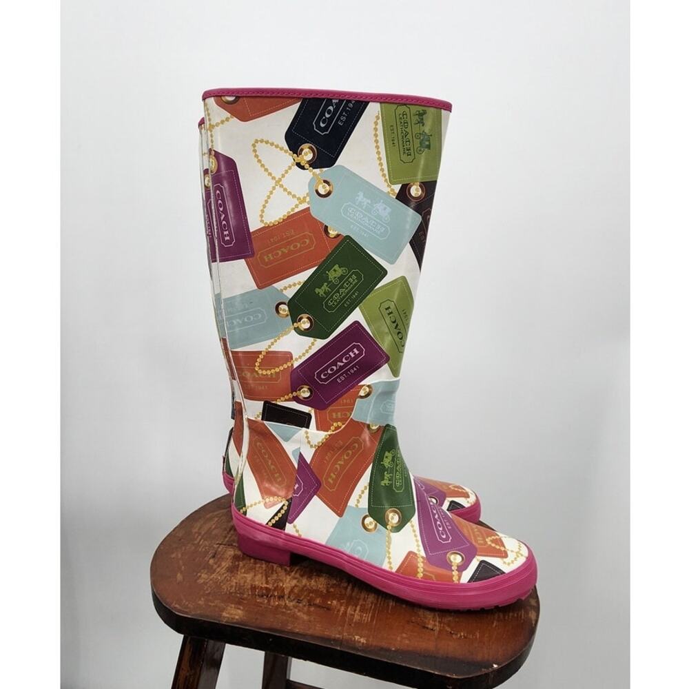 Coach Pammie Rain Boots Hang Tag Charm Size 7 Multicolor Tall Waterproof - Picture 2 of 8
